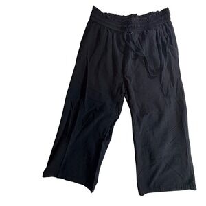 LNX Linen Blend Cropped Pants Womens Medium Black Wide Leg Elastic Waist Casual